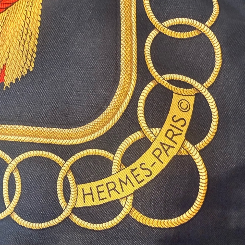 Hermes Epaulettes Silk Scarf in Black with Gold and Red Decorations - Picture 2 of 3